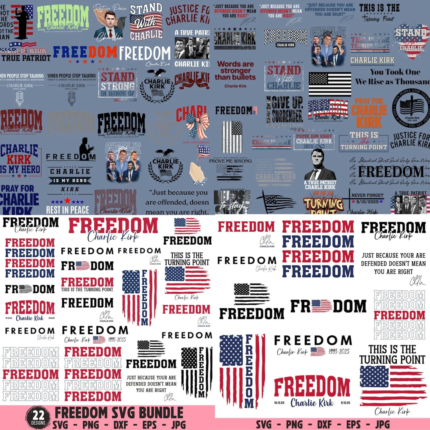 Charlie Kirk SVG PNG Bundle: Freedom, Justice, Human Rights (Digital Files)