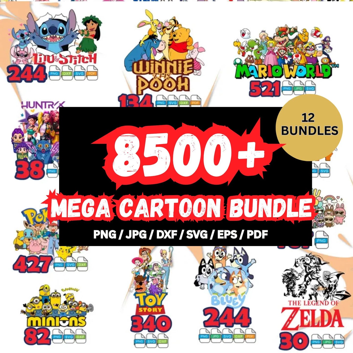 Cartoon SVG Mega Bundle: 8500+ Cricut & DTF Designs (Digital Download)