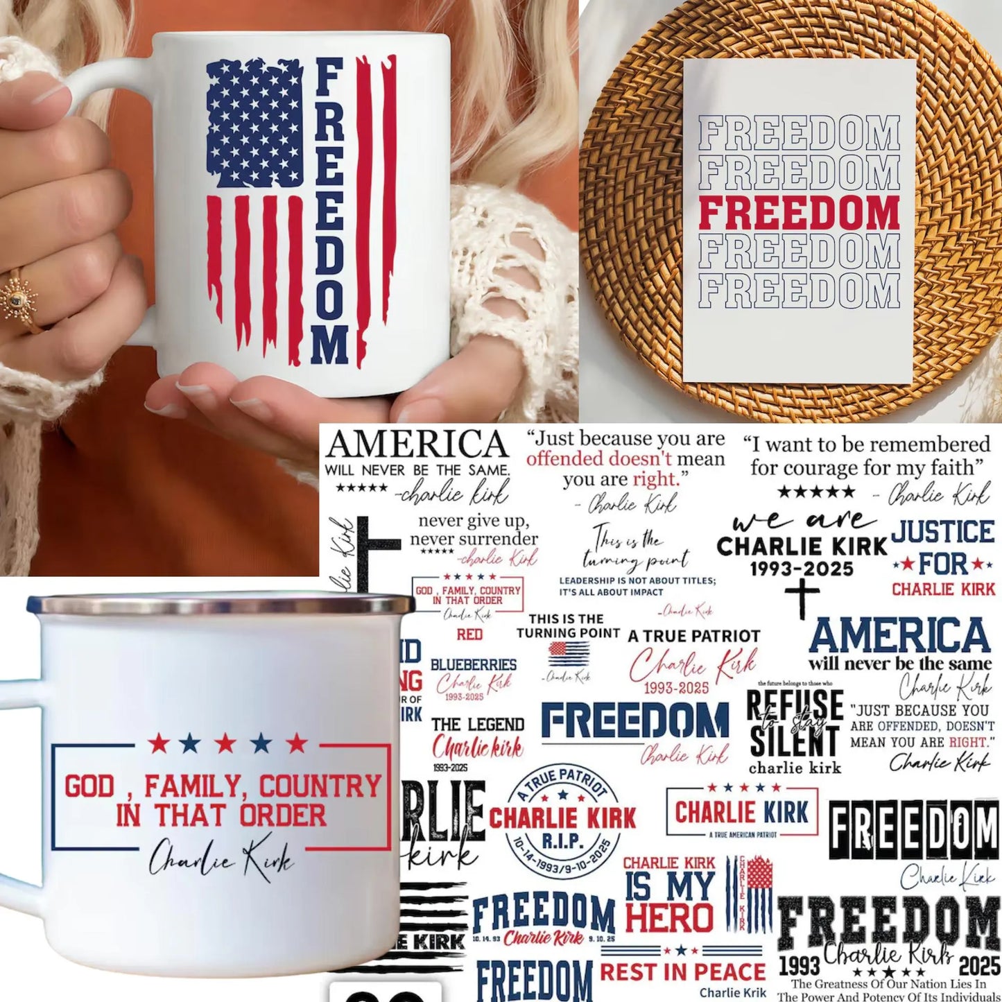 Charlie Kirk SVG PNG Bundle: Freedom, Justice, Human Rights (Digital Files)