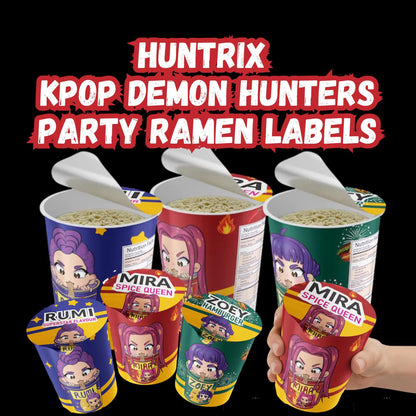 3 KPop Demon Hunters Ramen Noodle Labels, Mira Rumi Zoey Cup Noodle Ramyeon Label Party Decor, Kpop Birthday Supplies Printable Party Favors
