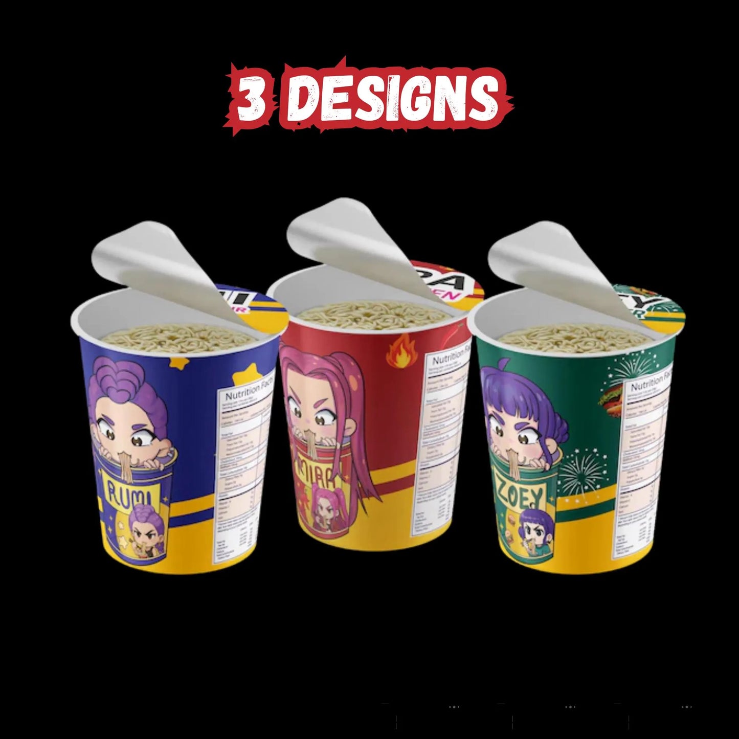 3 KPop Demon Hunters Ramen Noodle Labels, Mira Rumi Zoey Cup Noodle Ramyeon Label Party Decor, Kpop Birthday Supplies Printable Party Favors