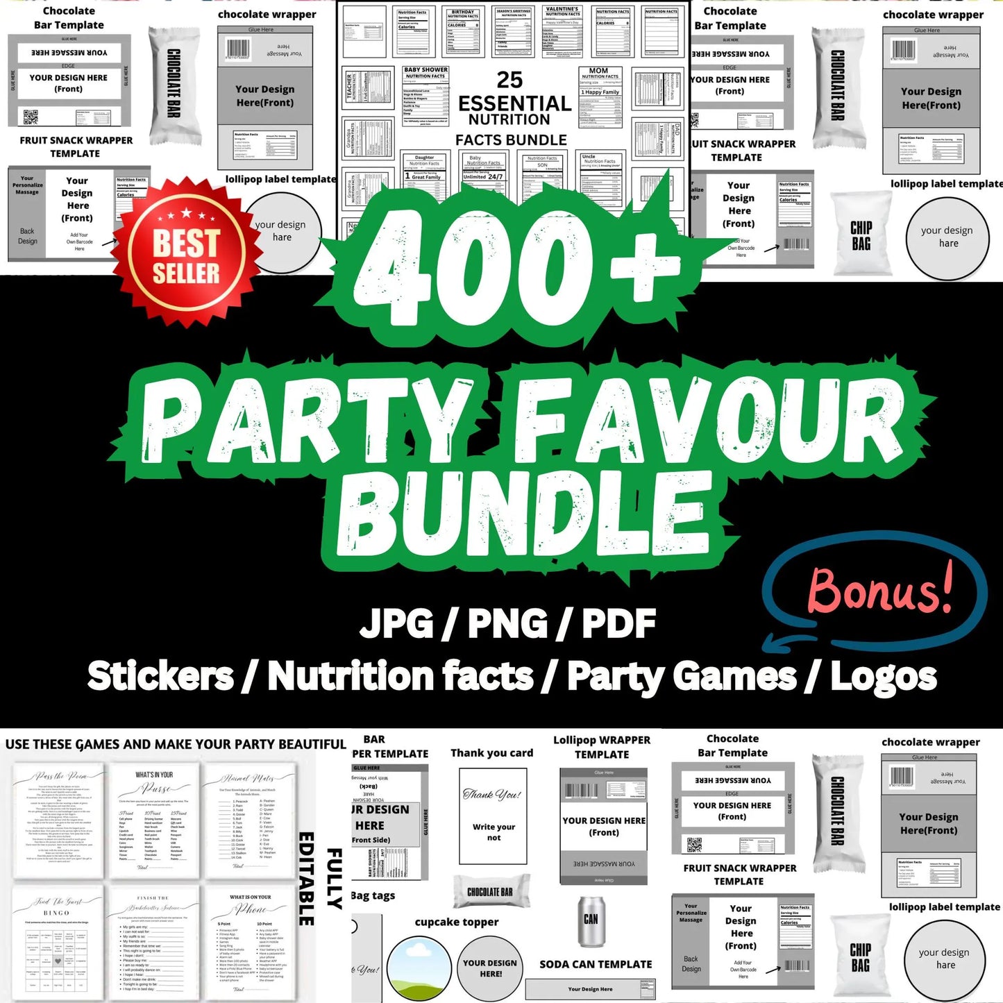 400+ Party Favor Template Bundle: Chip Bag, Candy Wrapper (Digital Download)
