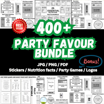 400+ Party Favor Template Bundle: Chip Bag, Candy Wrapper (Digital Download)