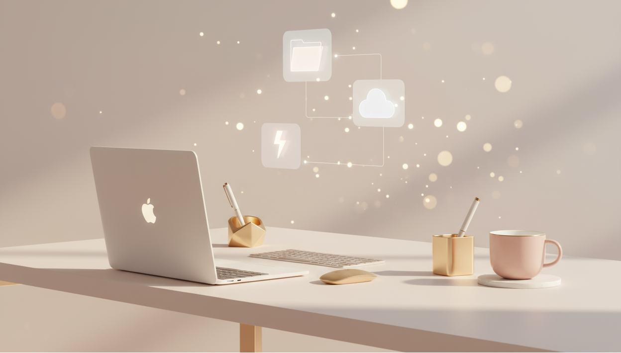 minimalist pastel workspace, blush beige cream palette, gold accents, clean desk with laptop, soft ambient sunlight, subtle floating digital icons (folders, cloud, lightning bolt), soft bokeh sparkles, aesthetic feminine entrepreneur vibe, luxury digital brand, smooth gradient background, high resolution, ultra clean, airy, modern